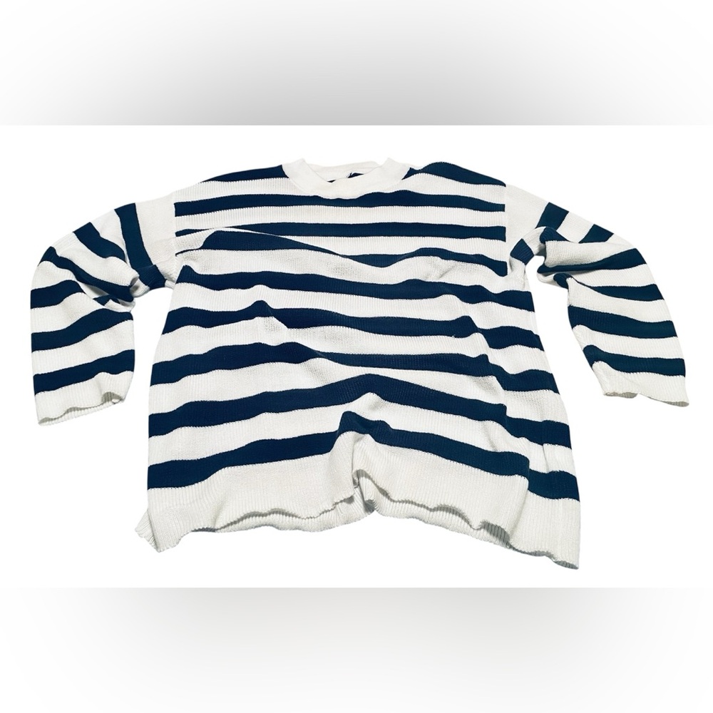“Breton” Style Striped Sweater Pullover Top Nautical Beach Relaxed Navy/White